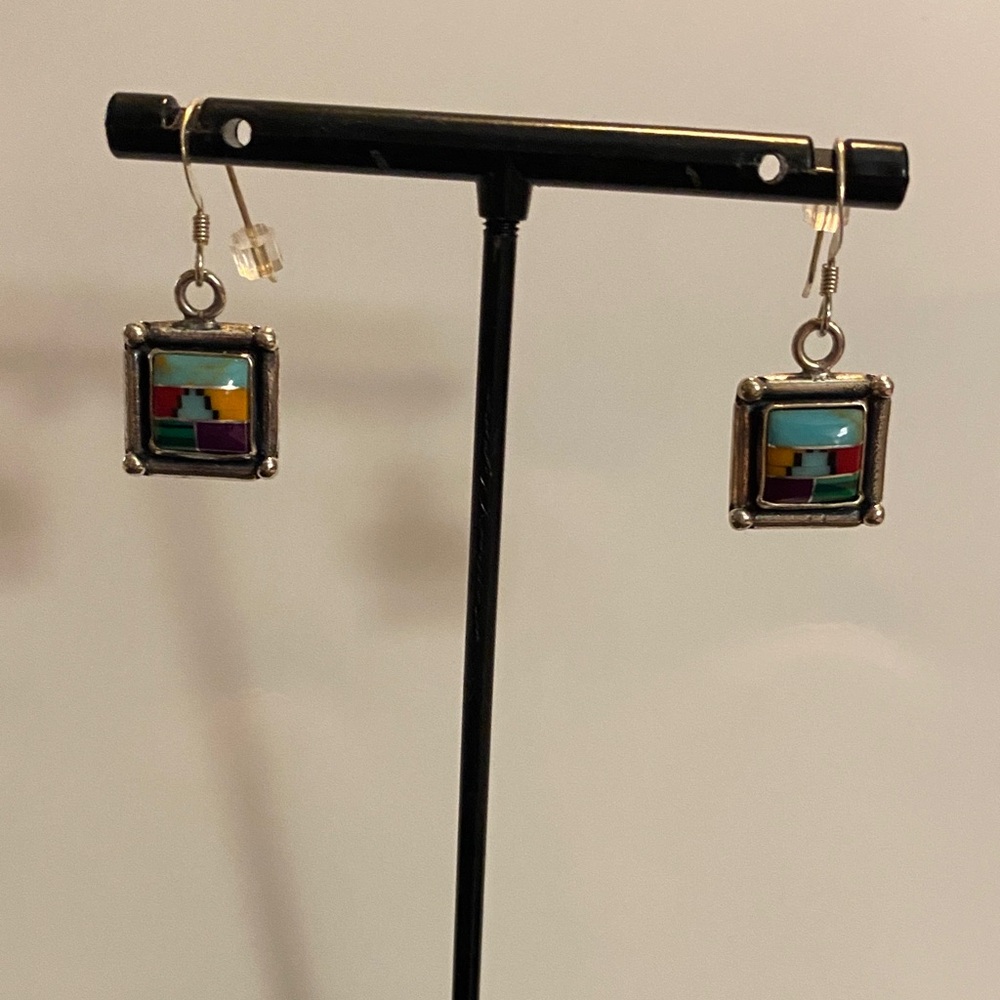 Vintage Sterling Silver and Inlaid Turquoise Square Earrings
